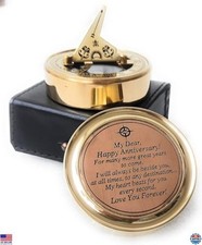 Ancienne horloge boussole cadran solaire laiton gravé fait main avec étui cuir cadeau
