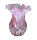 Blenko 2017 Handcrafted Pink & White Splatter Glass Ruffled Edge Vase 6 3/4” H