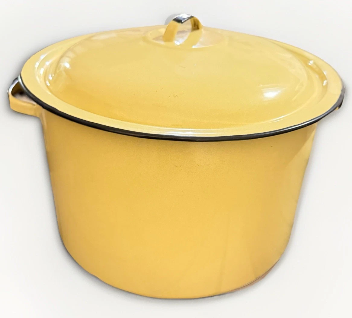 Vintage Yellow Enamel Metal Stockpot with Lid, Double Handle, Two-Piece Set