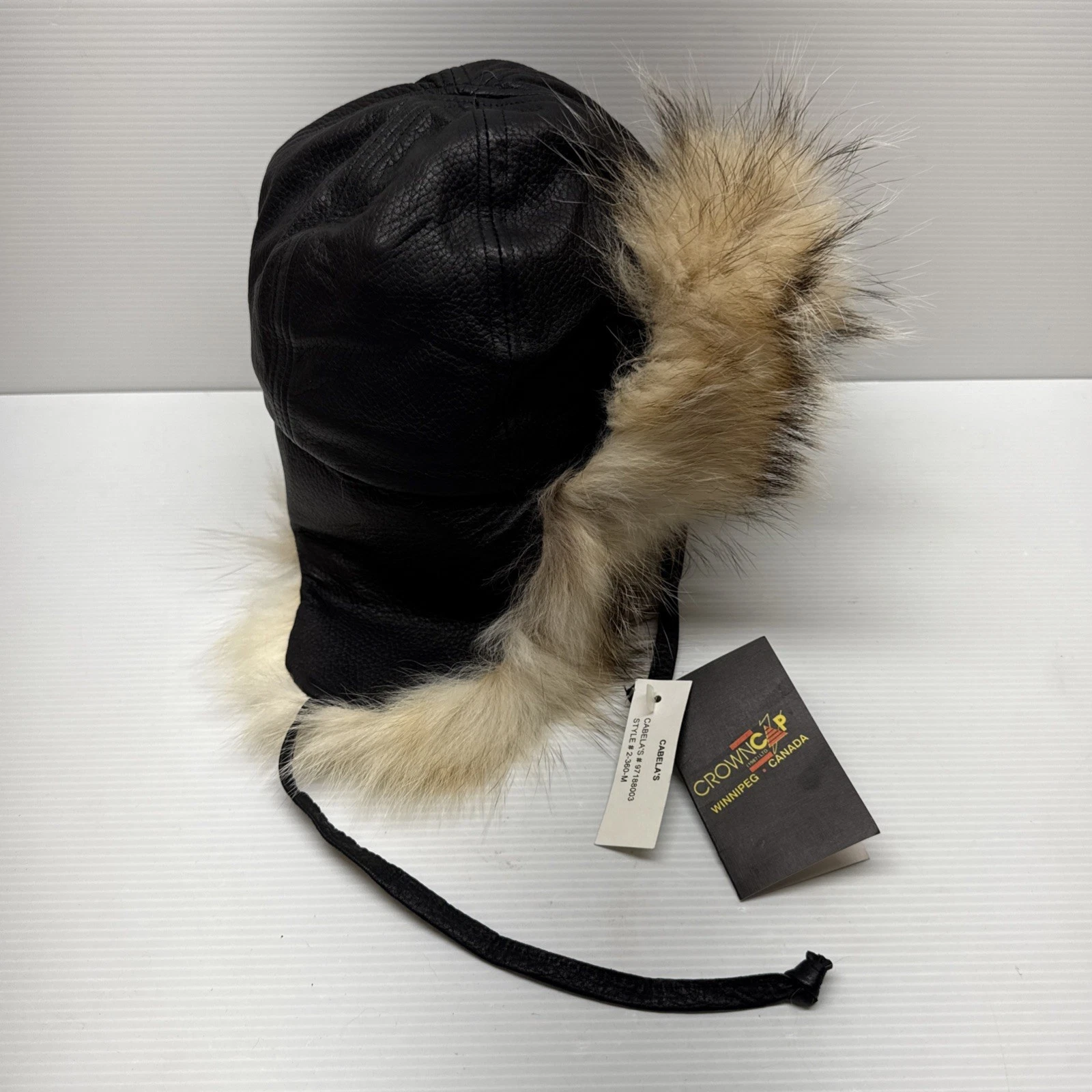 Vintage 1987 Cabela’s CrownCap Black Leather Trapper Hat Fur Aviator Bomber NOS