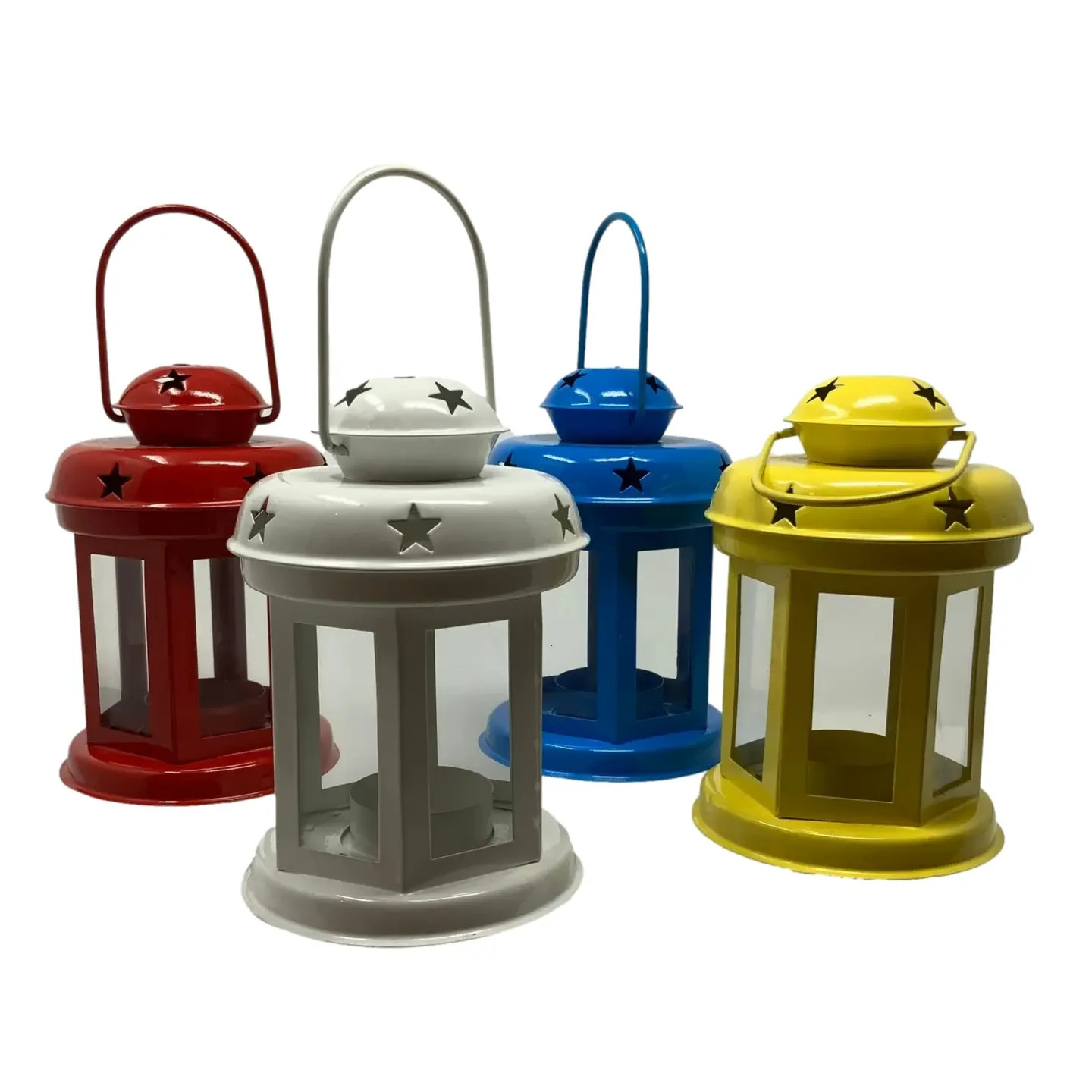 Lantern Set 4 Metal Glass Hanging White Blue Red Yellow