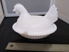 Vintage Indiana Glass White Milk Glass Hen on Nest 7" Beaded Rim Candy Dish