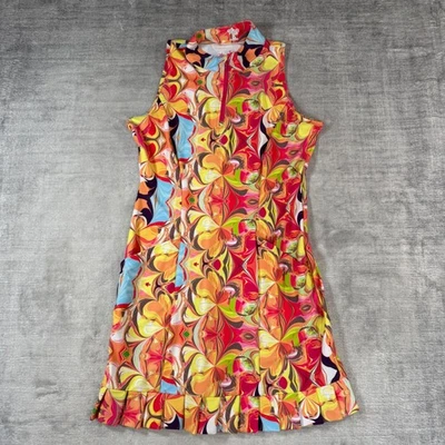 Tzu Tzu Dress Women XL Multicolor Golf Psychedelic Floral Zip Mock Ruffle Sporty - Bild 1 von 4
