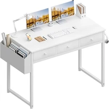 Lufeiya Small White Computer Desk with Fabric Drawers for Home Office Bedroom