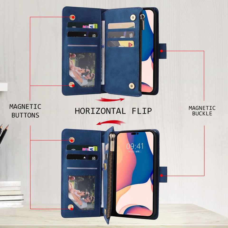 Zip Wallet Case Leather Flip Phone Cover For iPhone 15 12 14 Pro Max 8 7 16 Plus - Image 4 of 4