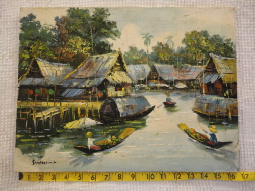 Vintage Thailand Waterway Oil Palette Painting Signed Somkool - Picture 1 of 9