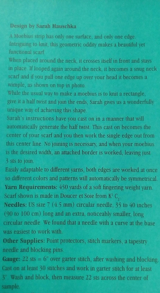 LACE MOEBIUS SCARF Fiber Trends Knitting Pattern Vintage 2001 Sarah Hauschka - Image 3 of 4