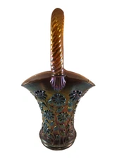 Imperial Carnival Glass Rope Handle Daisy Basket - Blue Iridescent