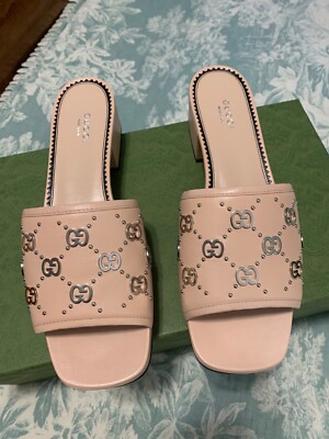 Gucci GG Embellished Platform Low Heel Sandals Size EU40 Pink