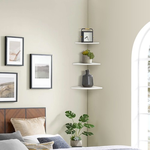 Pack of 3 Floating White Corner Shelf Shelves PVC Wall Storage Unit