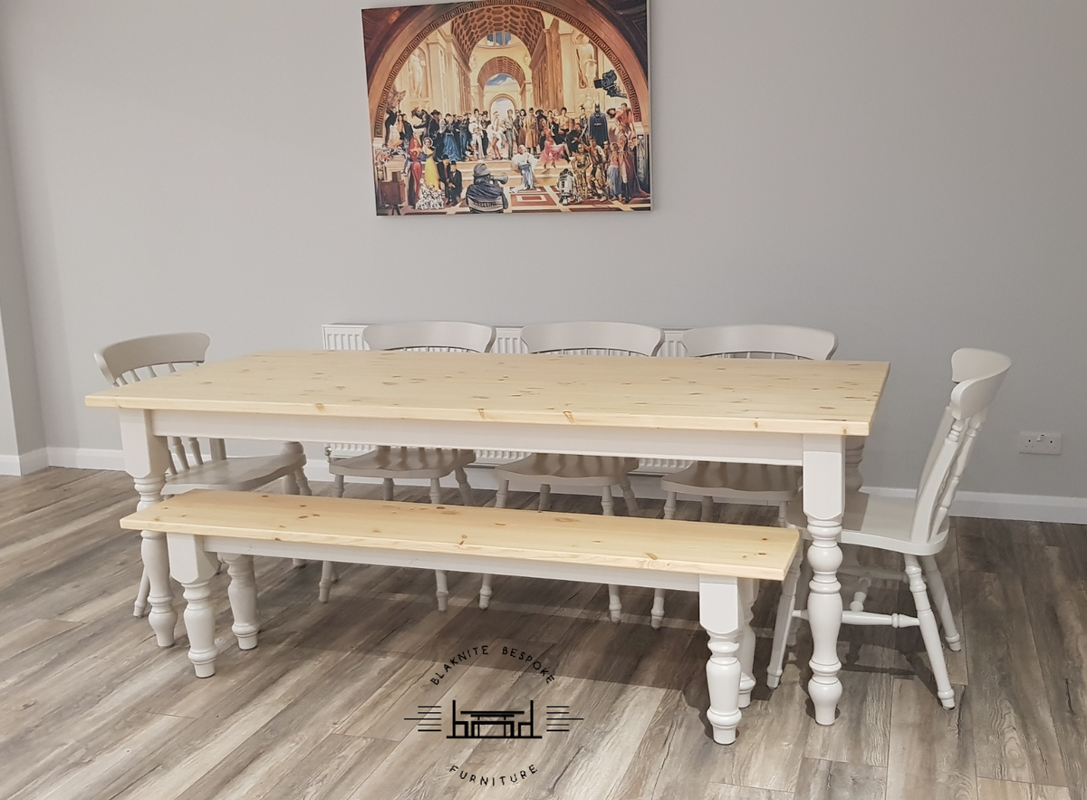 Rustic Farmhouse Dining Table, 7ft Table, Chairs and a Bench