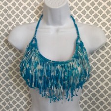 Blue Star Print Fringe Halter Bikini Top Patriotic Fourth of July Swimwear
