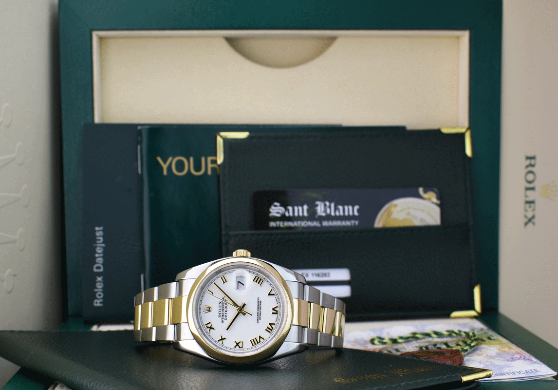 ROLEX 36mm 18kt Gold Steel DateJust White Roman Dial 116203 SANT BLANC-image