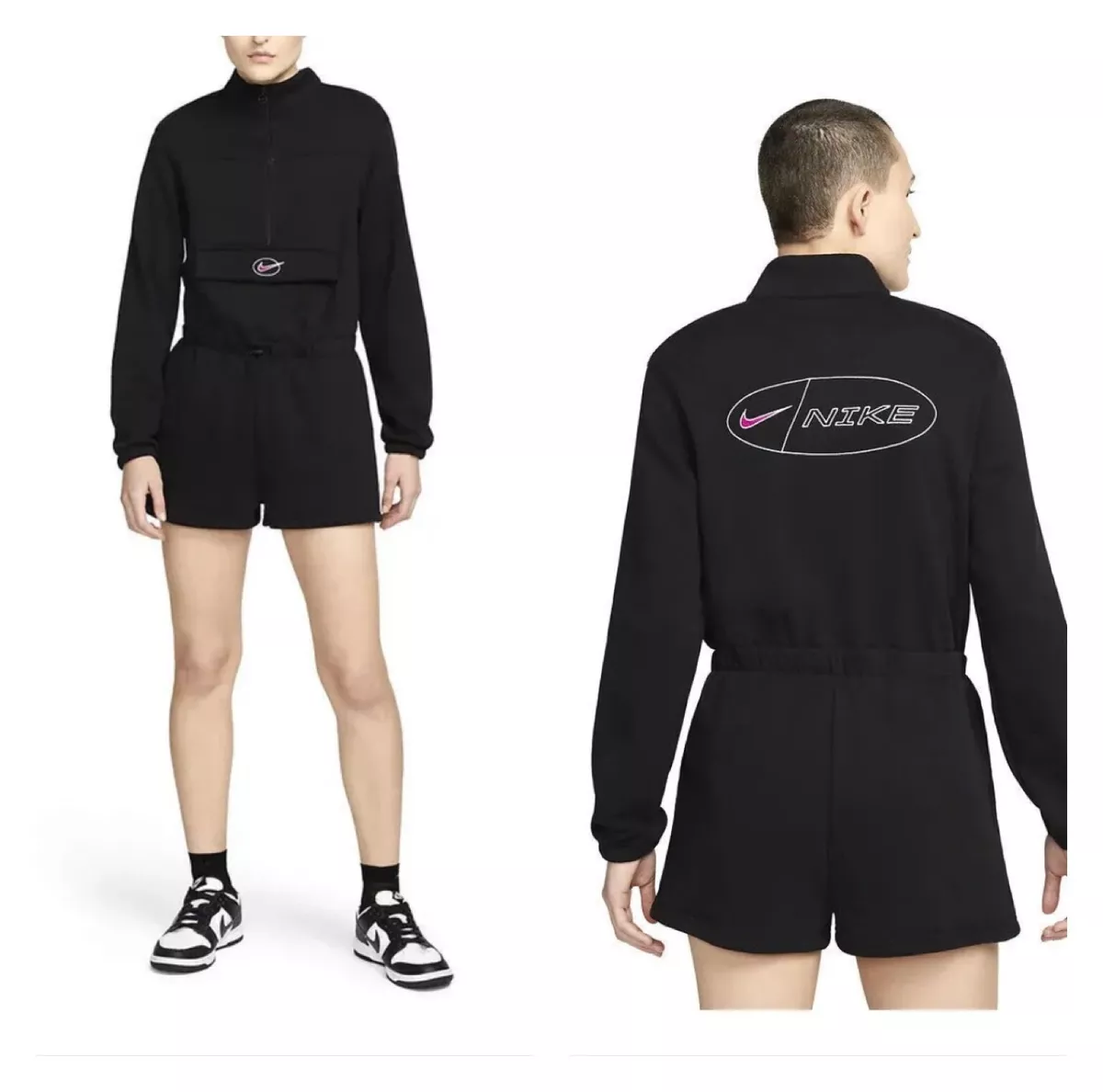 Nike Short Romper Icon Clash Fleece Women Size L Sportswear Black
