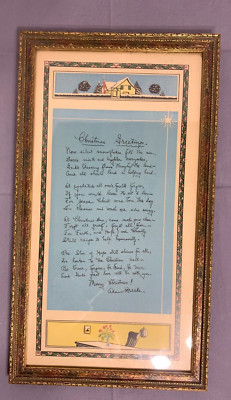 Vintage Framed Christmas Holiday Greeting Poem Hand Written - 9.5'' x 17''