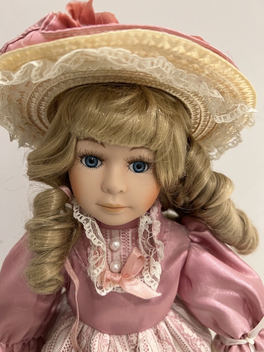 Vintage Porcelain Doll with Stand Unbranded Pink Victorian Outfit