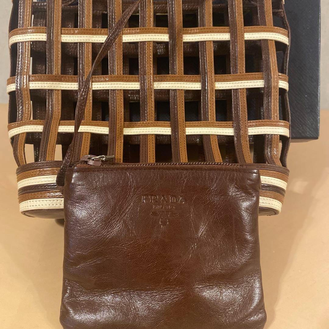 PRADA Archive Mesh Leather Basket Bag Brown Ivory W/Pouch