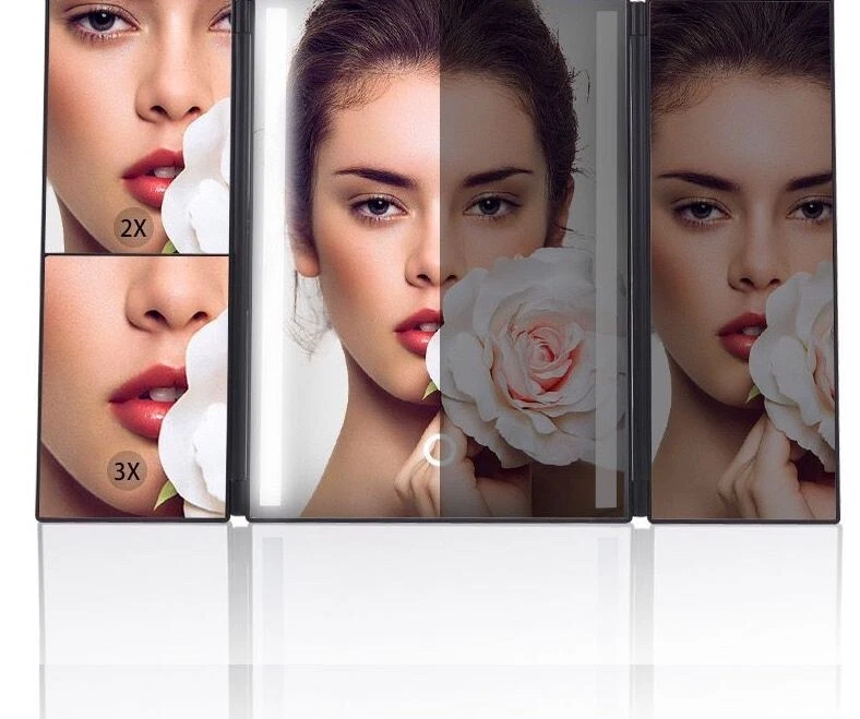 Trifold Make Up Mirror Light Bars 3x/2x/1x Kick Stand Touch Screen USB Charge - Image 2 of 4