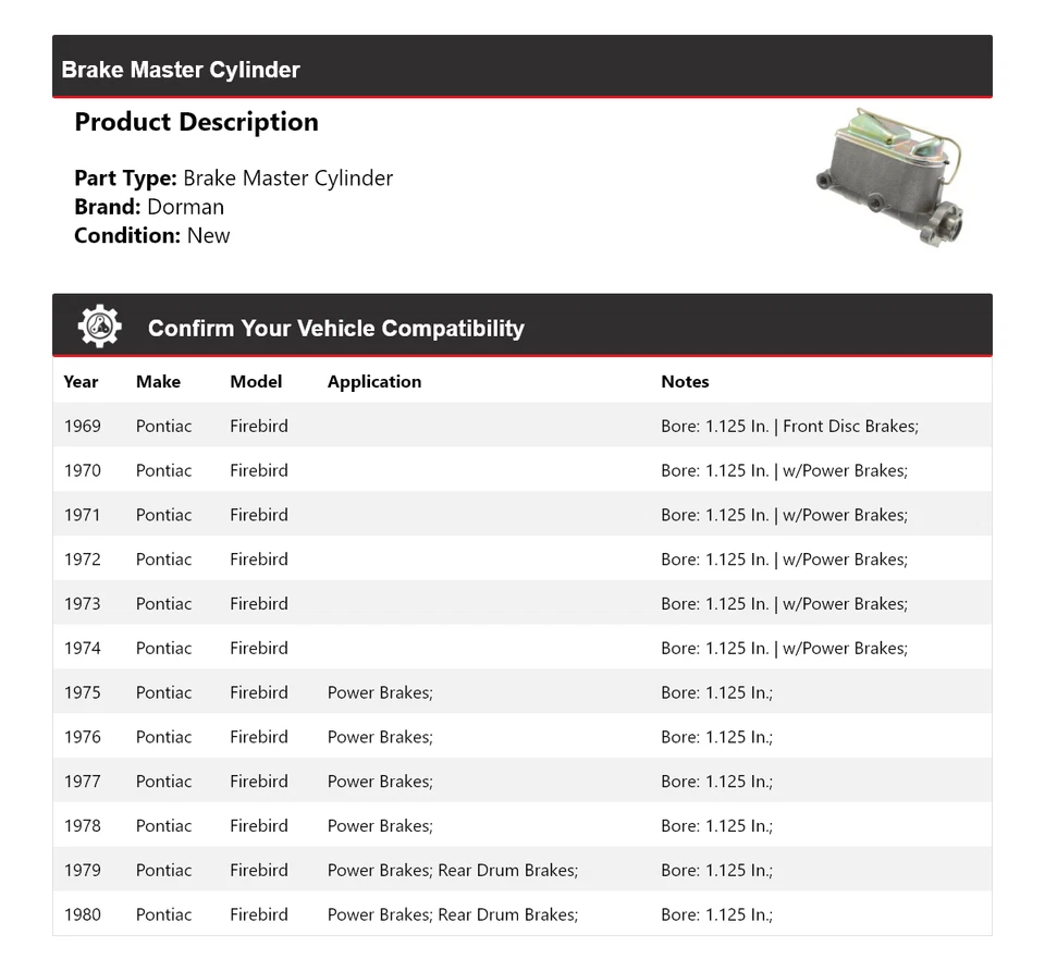 Cilindro maestro de freno Pontiac Firebird Dorman 1969-1980 1970 1971 1972 1973 Foto 2 de 4
