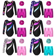 Girls Dance Set Skating Outfits Bodysuit Dancewear Kids Leotard Round Neck 3pcs