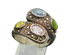 925 Silver  Vintage Topaz Peridot & MultiStone Bypass Ring Sz 7  RG20160