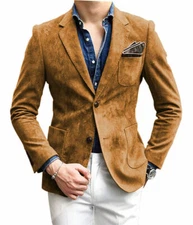 Men's Real Suede Leather Blazer Brown Jacket Two Button Classic Party/Club Coat