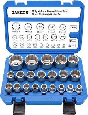 Hochwertiges 21-teiliges 1/2-Zoll Multi-Zahn Steckschlüssel-Set SW 8-36 mm au...