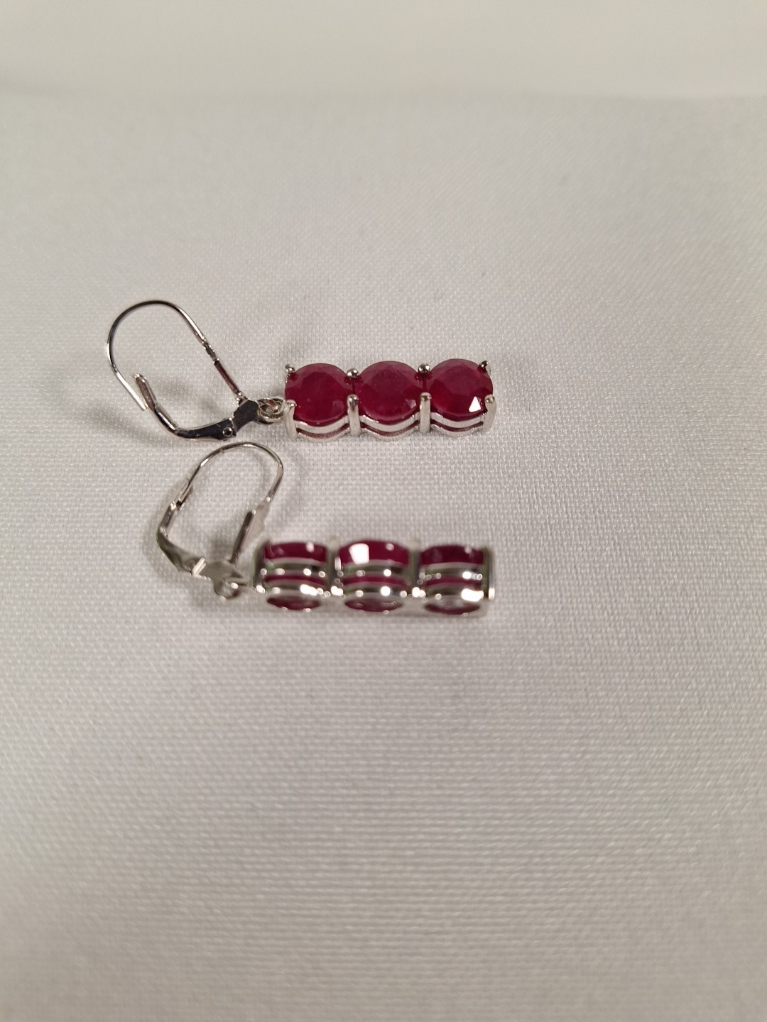 Sterling Silver 3 Ruby Dangle Lever Back Earrings - image 3