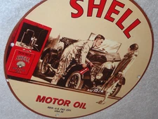 VINTAGE SHELL MOTOR OIL 1939 MECHANIC & WOMAN  12" PORCELAIN METAL GASOLINE SIGN