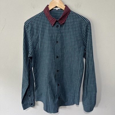 Carven Shirt Mens 3 US Medium Blue Check Red Collar Casual Button Down Cotton