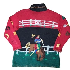 Vintage The Eagles Eye Hand Knit Size Medium Western Theme Sweater Rodeo Horses