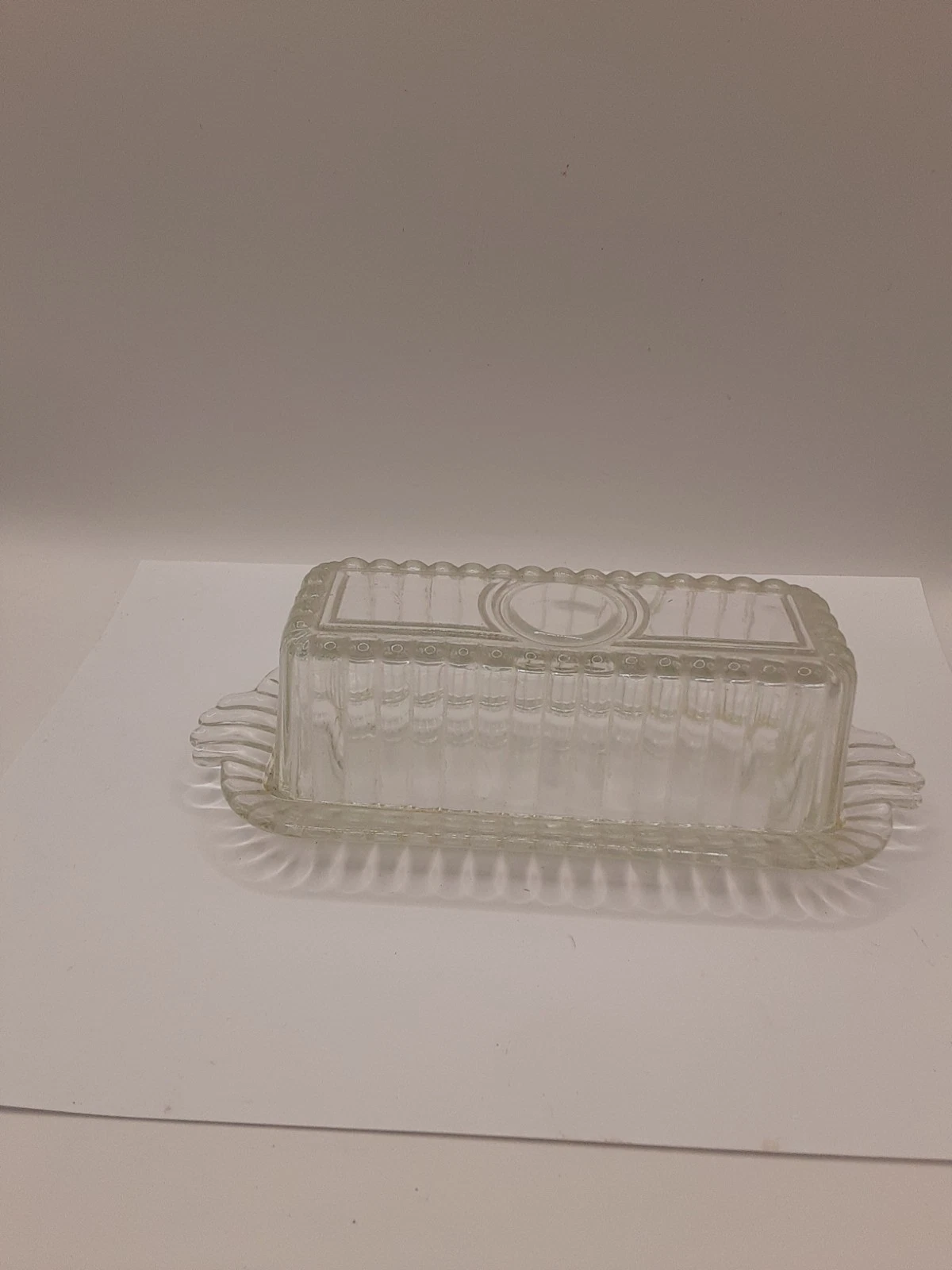 Vintage Clear Glass Butter Dish With Lid Ribbed Art Deco Kitchen