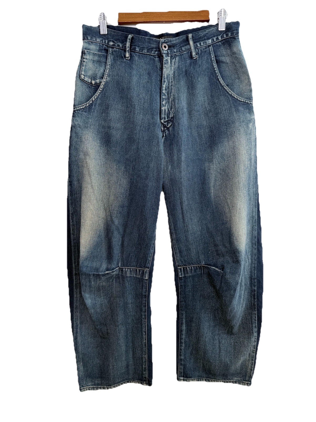Y's by Yohji Yamamoto Wide Leg Gusseted Barrel Jeans Distressed Wash Sz 1 Japan