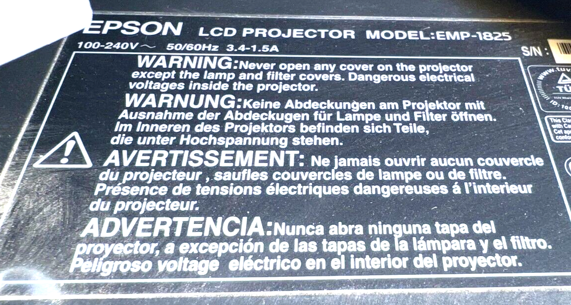 EPSON LCD PROJECTOR MODEL EMP-1825 100-240 VAC 3.4- 1.5 AMP 60 HZ