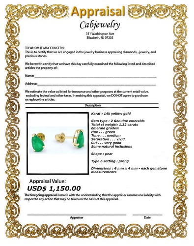 GENUINE 1.32 Cts EMERALD STUD EARRINGS 14K YELLOW GOLD - Free Certificate - NWT - Picture 5 of 5