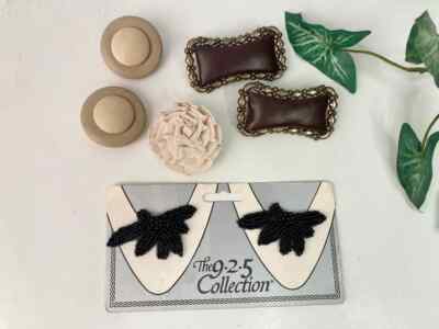 VTG  Shoe Clips 3 Pair Ladies Beaded 9.2.5 Brown Ivory Leather Vinyl Mod Musi