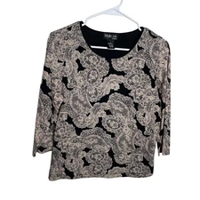 Style & Co Blouse Women's Petite Small Nylon 3/4 Sleeve Paisley Round Neck Top