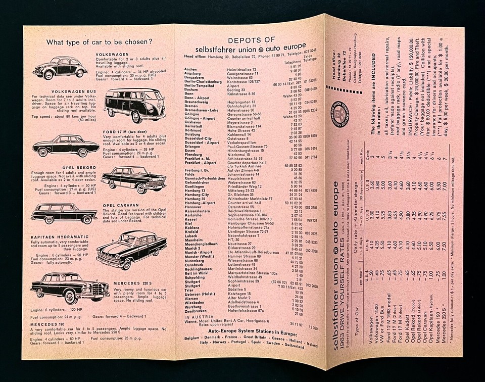 1960s Germany Rent A Car From Selbstfahrer Union Auto Europe Vintage