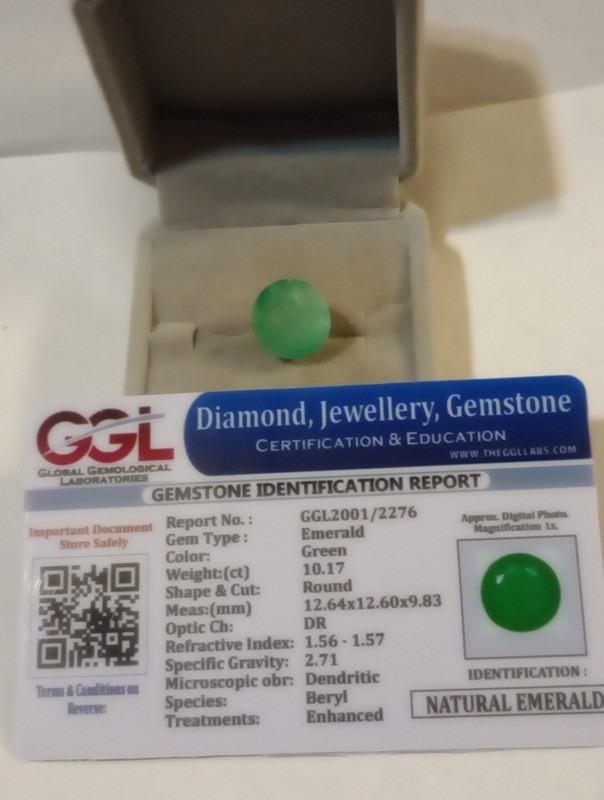 NATURAL EARTH MINED GGL CERTIFIED GEM TESTED ROUND GREEN EMERALD 10.17 CTS.