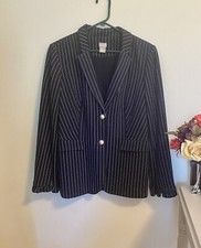 chicos blazer navy blazer size 1 lined rayon blend  pearl buttons  ruffle cuffs
