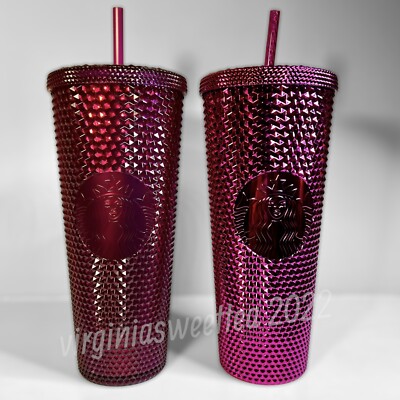 SET Starbucks 2022 Metallic Sangria & Berry Pink Bling Studded Venti  Tumbler Cup | eBay