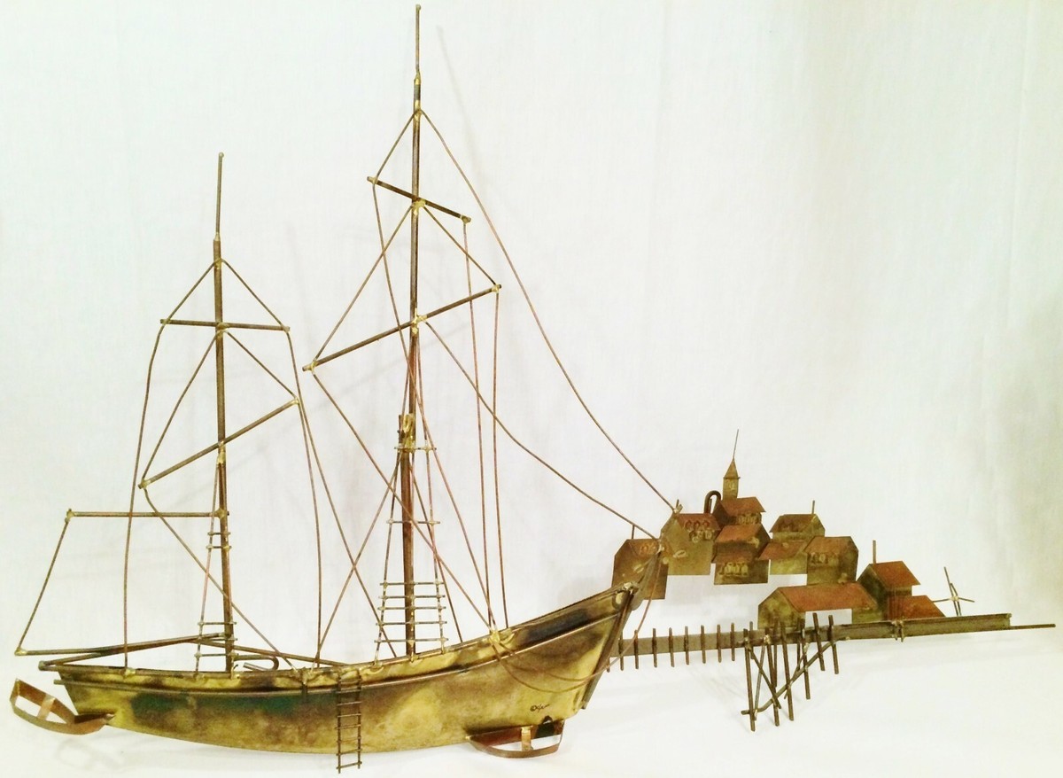 1960's Vtg C Jere Ship Schooner Village Town Harbor Metal