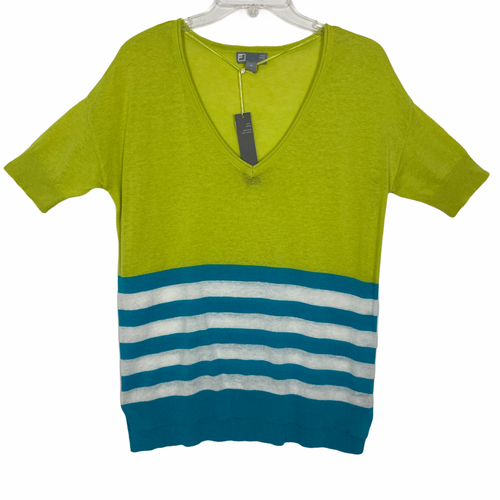 JcPenny Women Sweater Linen Blend V Neck Short Sleeve Horizontal Stripe M NEW