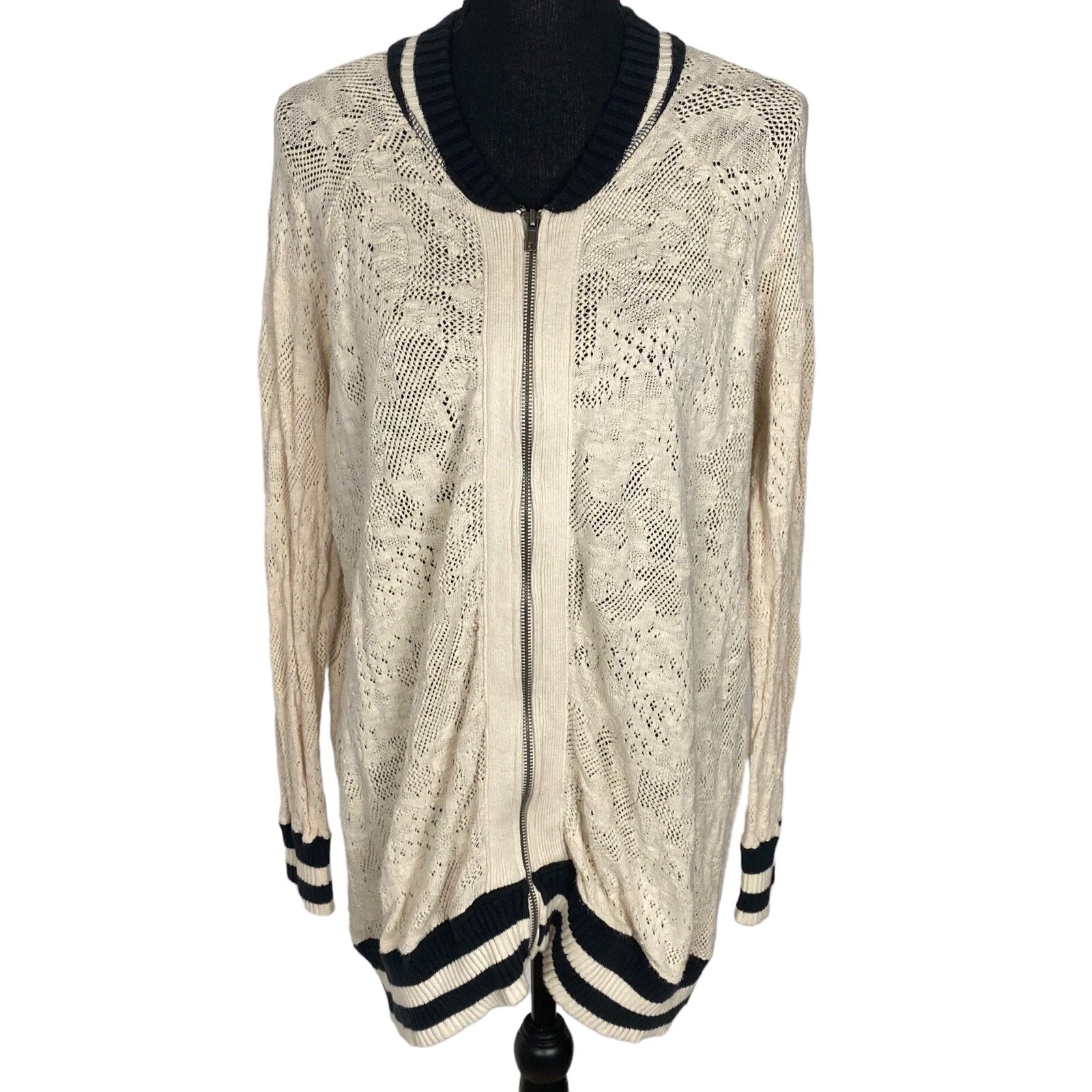 OFF WHITE FREE PEOPLE maglione donna taglia M beige full zip pizzo giacca bomber varsity