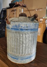 Vintage 5 Gallon Galvanized Metal Gas Can Art Deco Top Blue Wooden Handle