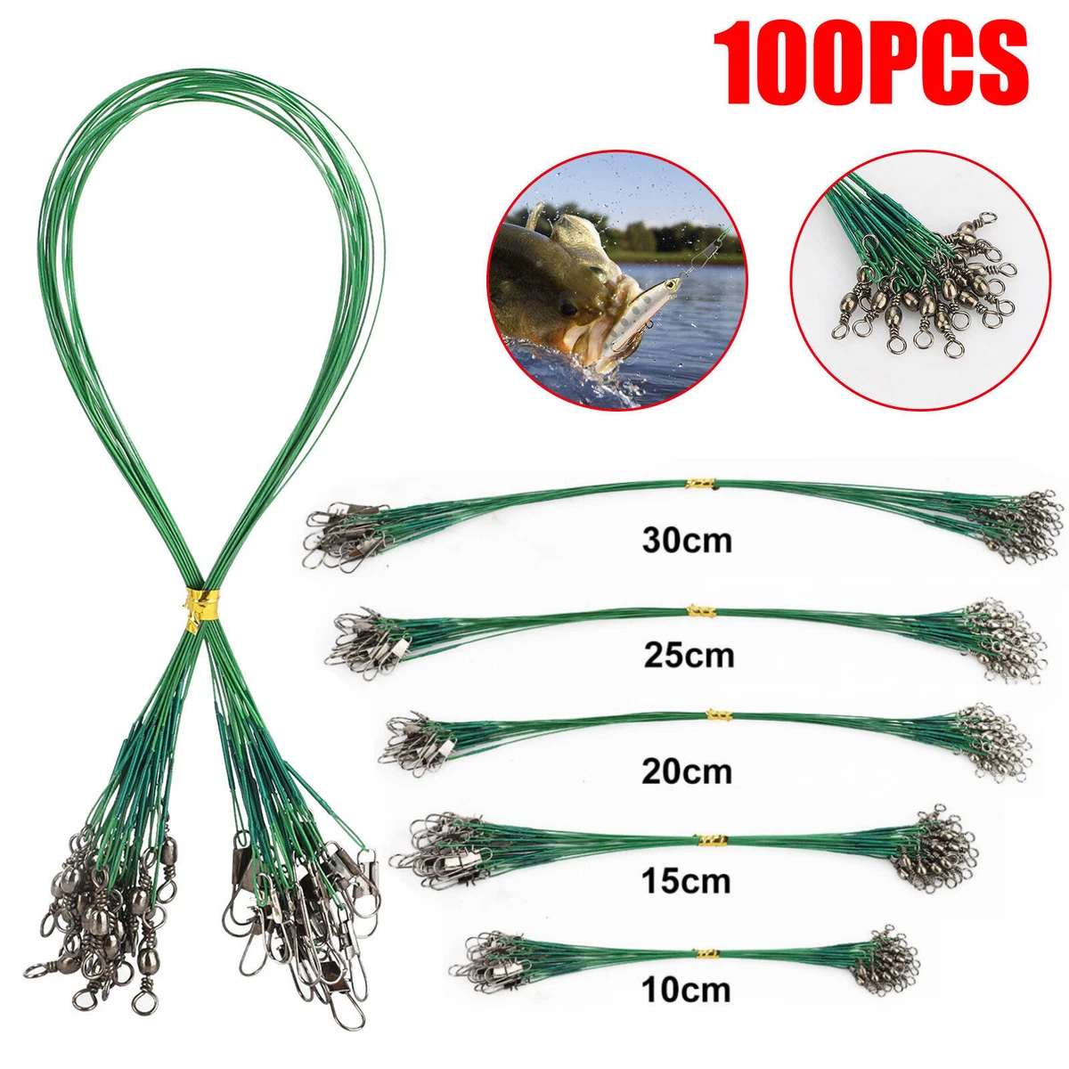 100Pcs Fish Trace Wire Leader Fishing Line Stainless Steel Lures w/Snap &  Swivel