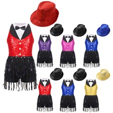 Kids Girls Dress Sleeveless Jumpsuit Competition Set Round Neck Bodysuit Dance