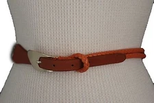 Women Belt Fashion Orange Braided Faux Leather Narrow Gold Buckle S M