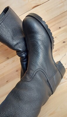 Prada Women's Black Leather Buckle Accent Mid Calf Boots Size 38