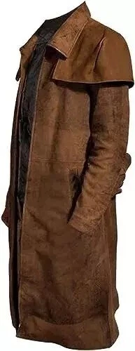 Men's Brown Faux Leather Trench Coat | Full-Length Duster Coat | Vintage Style - Image 3 of 4